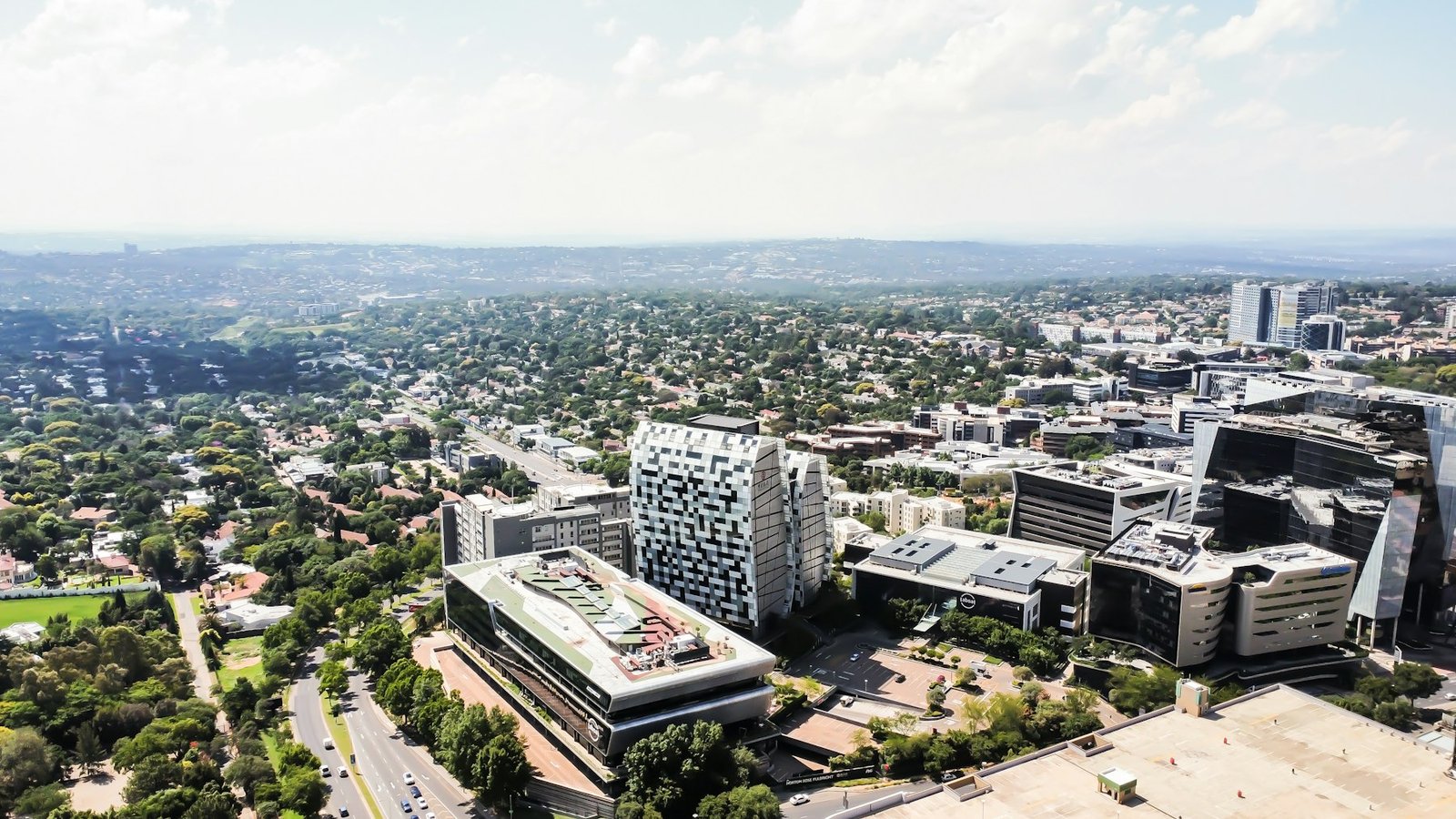 The Sandton skyline from the air, with its landmark towers