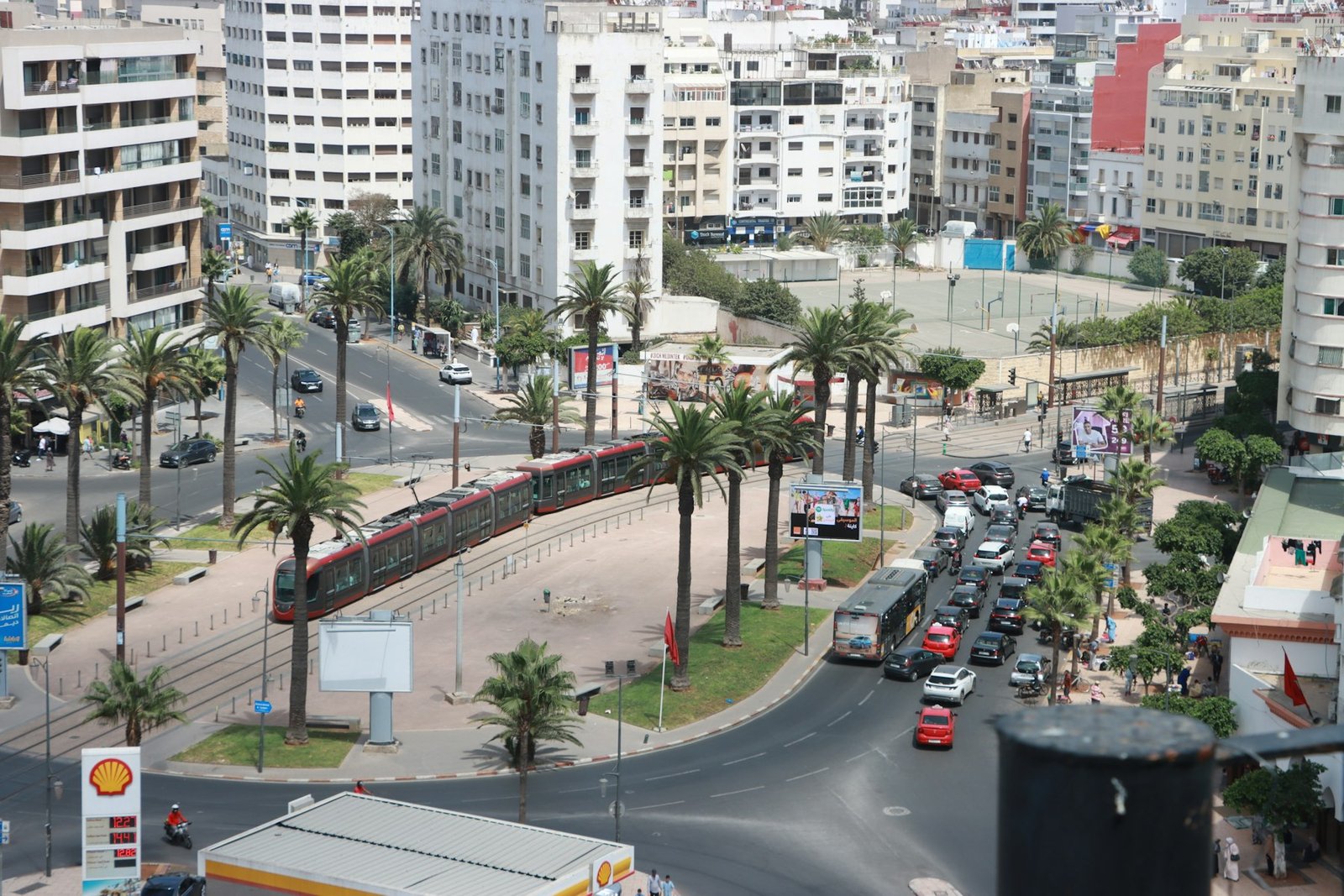A broad avenue in Casablanca lined with modern office buildings