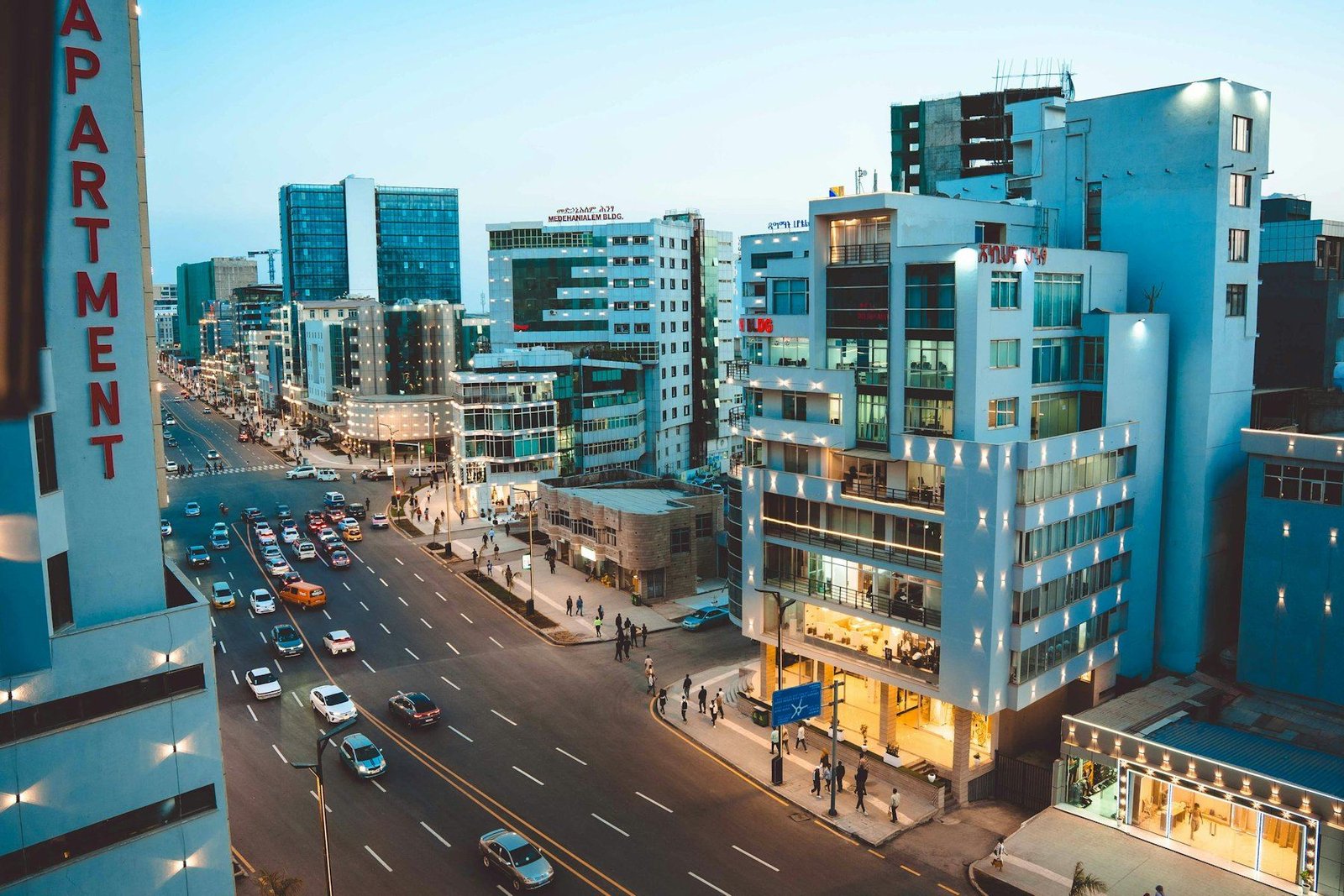 A broad avenue in Addis Ababa lined with new glass towers